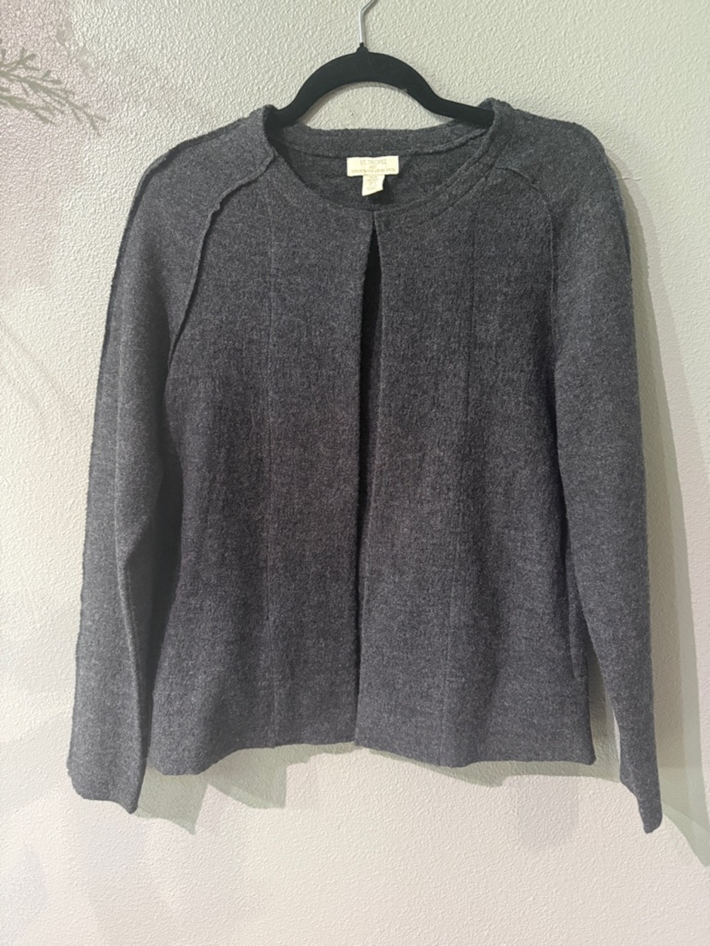 Saint Tropez West Dark Gray Open-Front Pleat Cardigan Merino Wool